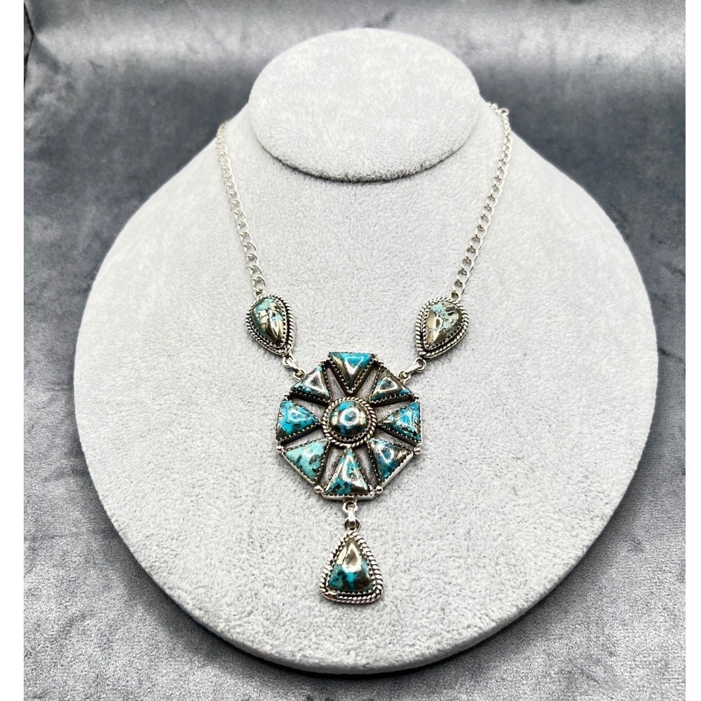 .925 Sterling Silver Turquoise Southwestern Style Y Drop Lariat Cluster Necklace - Picture 2 of 9